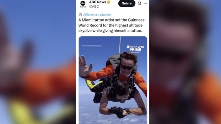f1a027a6-6cbf-4759-a3db-a0e4528d4cf4 Funky Matas établit un record mondial de parachutisme et de tatouage