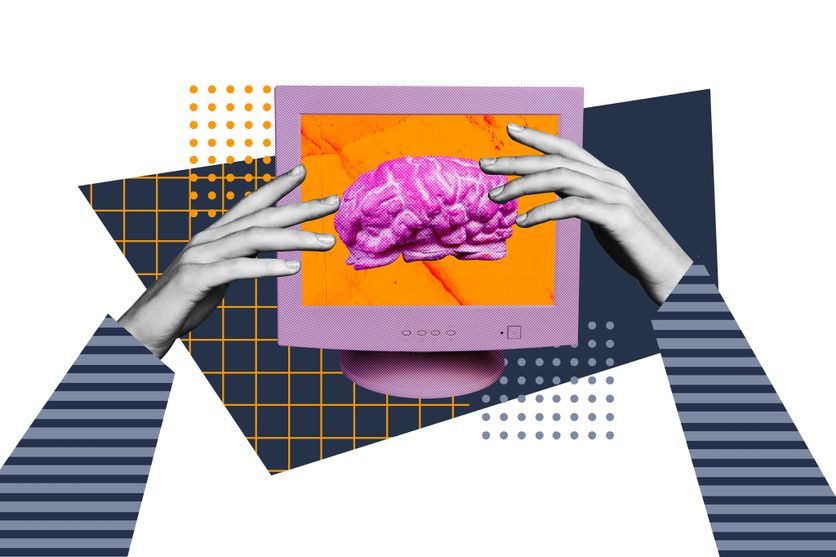 Composite sketch image design trend artwork collage of incognito hand touch hold monitor retro vintage computer brain creative think La Philosophie du Toucher par Claire Marin